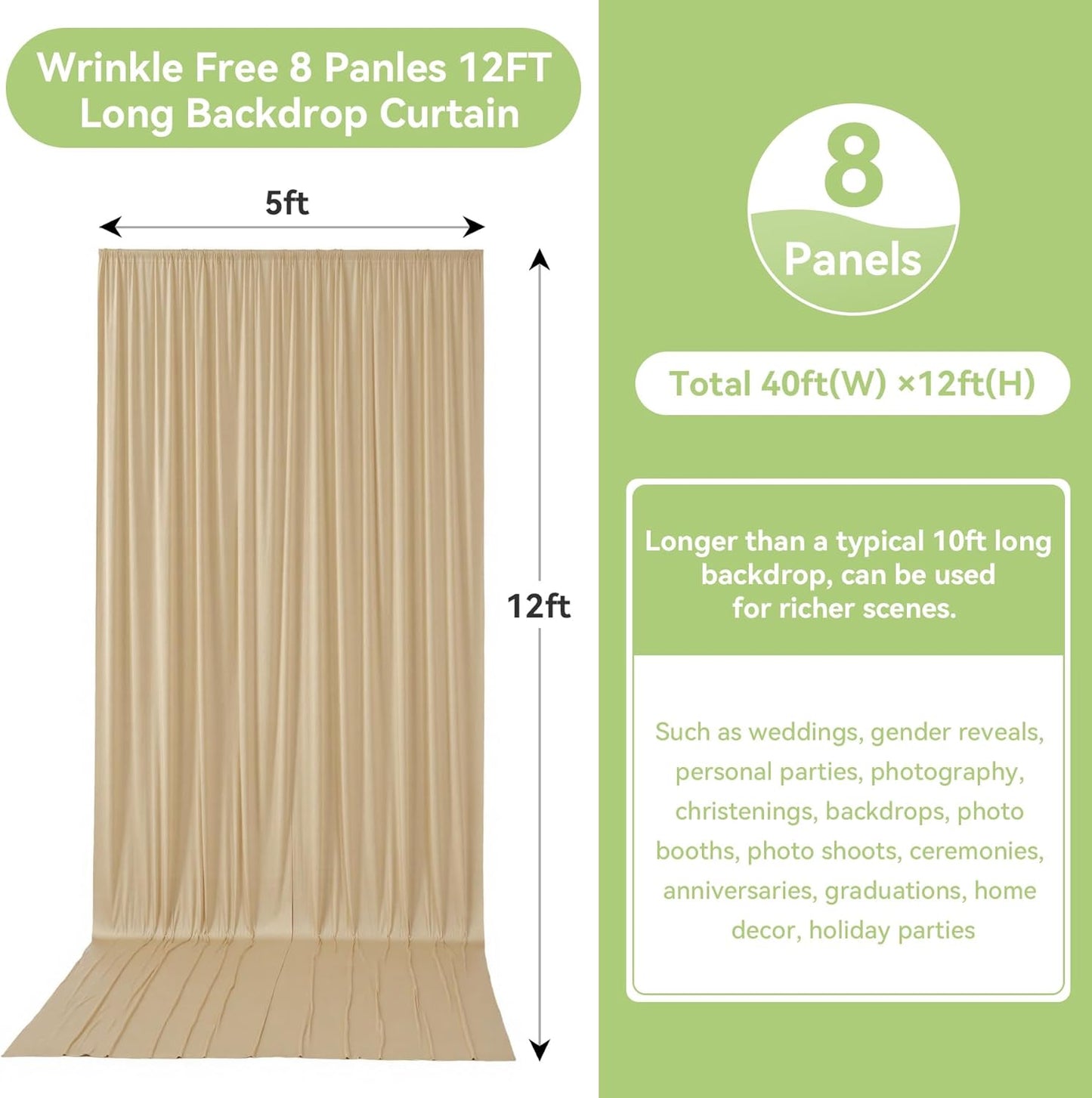 leegleri 40ftx12ft Wrinkle Free Beige Backdrop Curtain, 8 Panels 12FT Height Beige Wedding Backdrop Drapes, Silky Polyester Back Drop Cloth for Birthday Photography Background Party Backdrop Draping