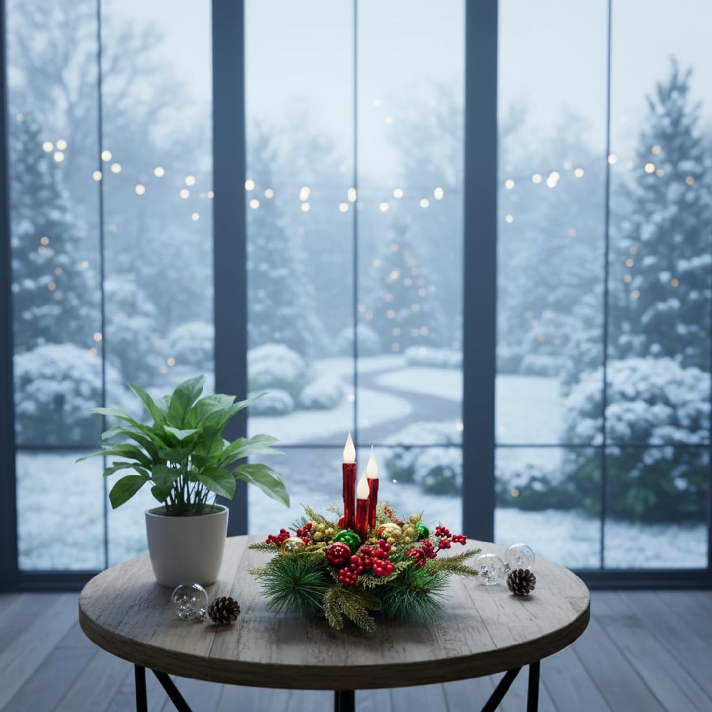 Christmas Floral Arrangement Centerpiece with 3 Flameless LED Candles, Battery Operated Lighted Holiday Table Decoration with Pine, Berries & Ornaments Holiday Winter Decorations