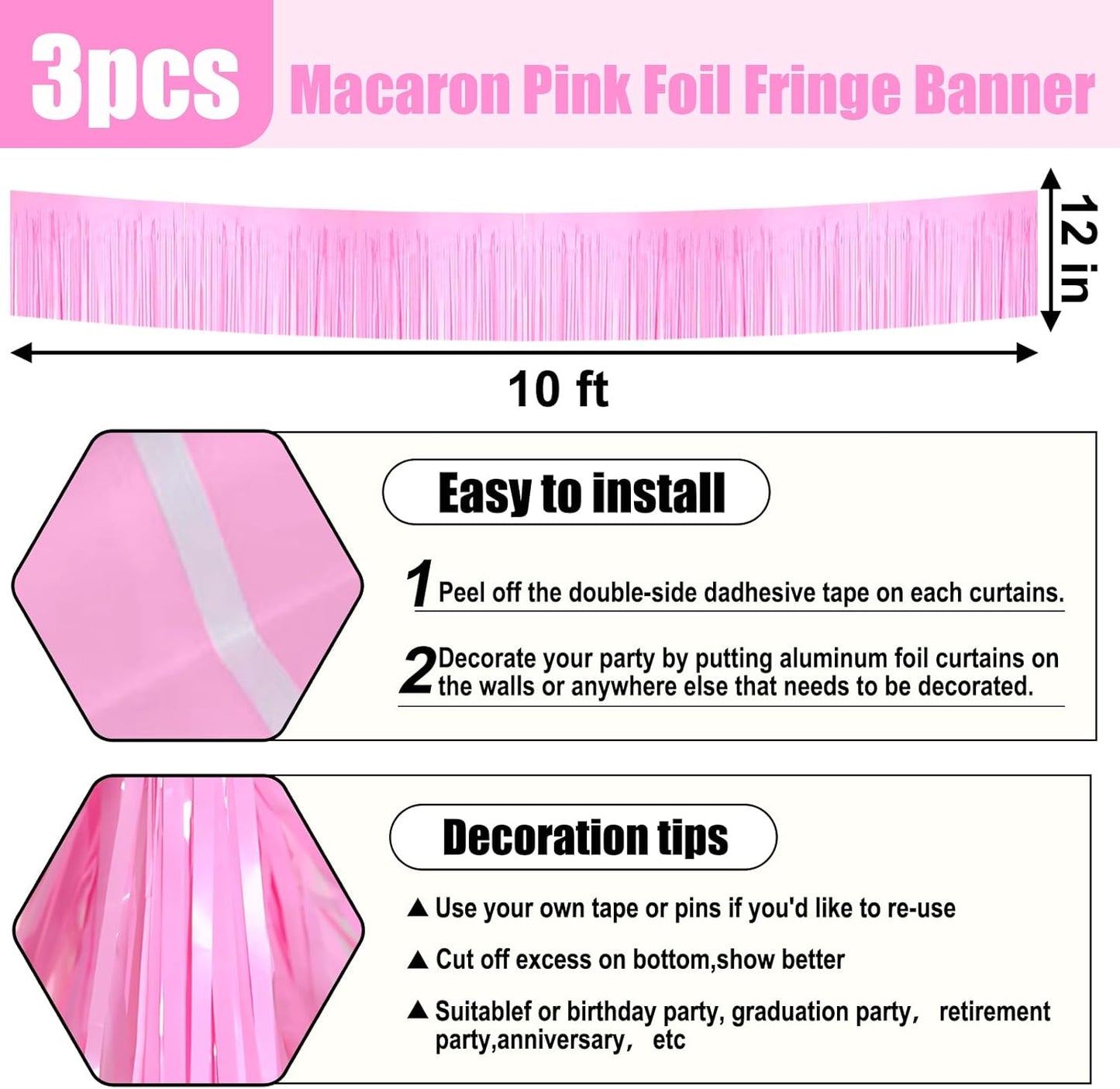 3 Pack 10 Long Macaron Pink Metallic Foil Fringe Garland Wall Hanging Tassle Banner, Mother's Day, Easter, Parade Floats, Birthday, Theme Party, Wedding Party Decorations