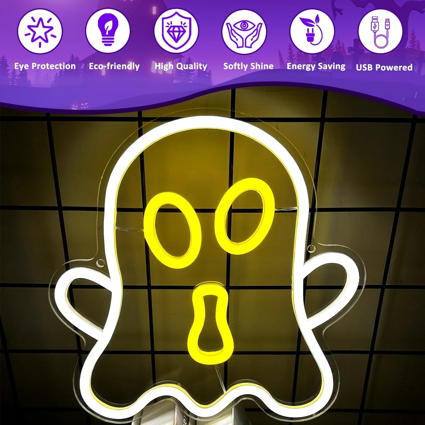 Halloween White Ghost Neon Sign Halloween, USB Halloween Neon LED Light for Wall Decor, White Ghost Halloween Sign Decorations for Home Bar Salon Coffee Stores Porch Front Door