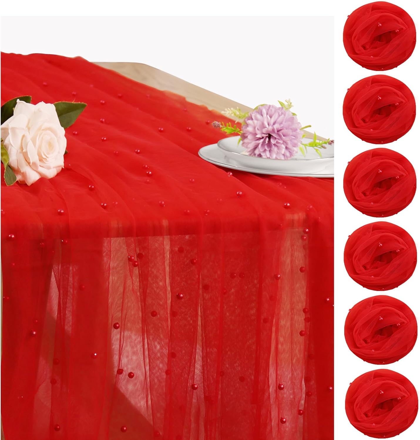 Set of 6 Pearl Table Runner 29 x 120 Inch Tulle Fabric Lace Table Runners Boho Rustic Tablecloth for Bridal Shower Birthday Party Wedding Arch Aisle Veil Dessert Table Decor(Red)