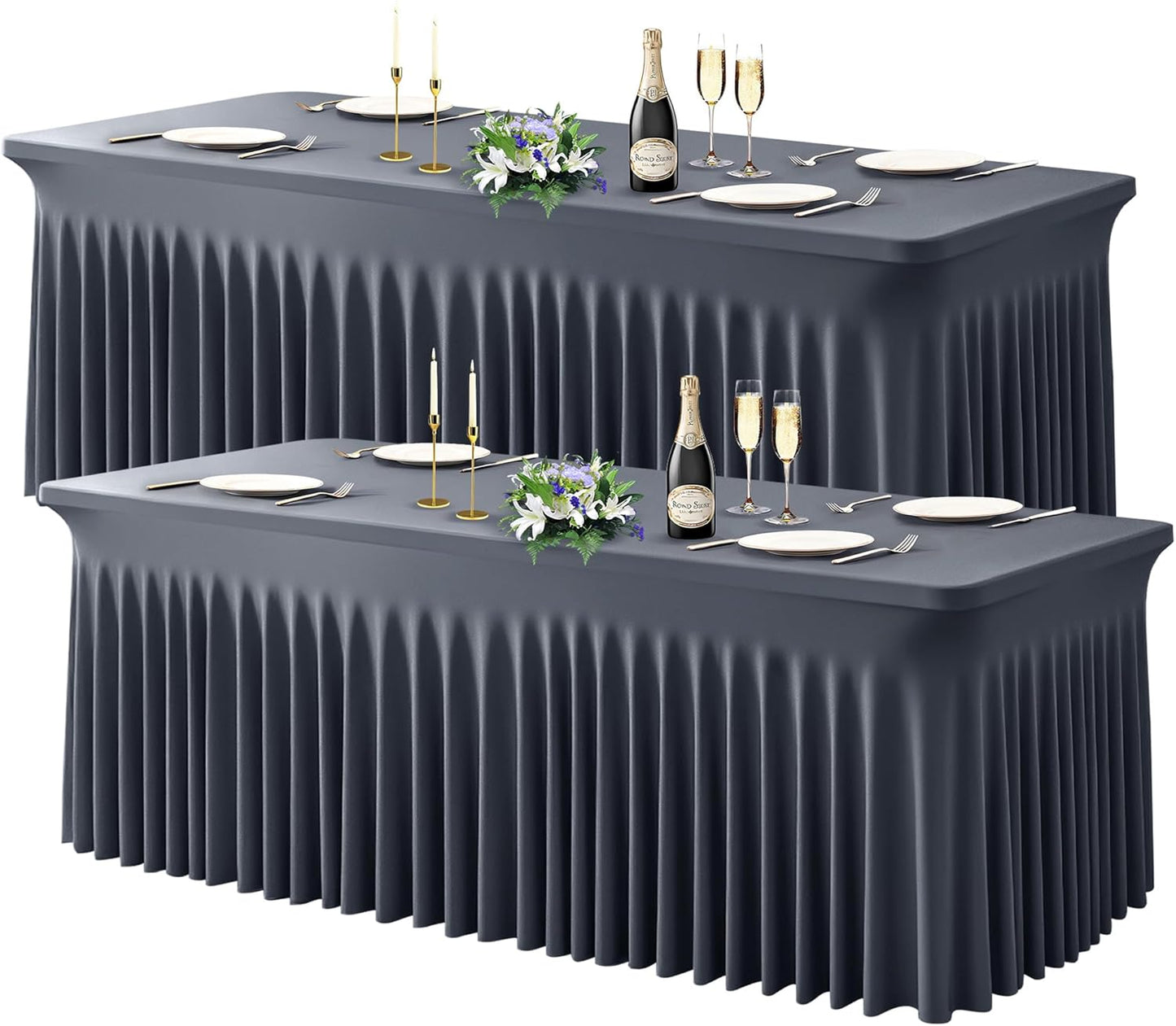 Wish Care 2 Pack Gray Spandex Table Clothes for 6 Foot Rectangle Tables, 6FT Wrinkle Free Fitted Tablecloths Ruffles Design Table Cover for Party, Banquet, Wedding and Events