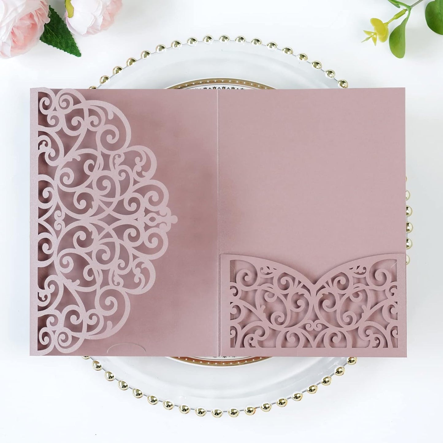 PONATIA 5.12 x 7.2 Dusty Rose Laser Cut Wedding Invitations, 5x7 Trifold Laser Cut Invitation Pockets with Envelopes for Wedding Bridal Shower Engagement Quinceanera Invitations (20PCS No Inner Sheet)