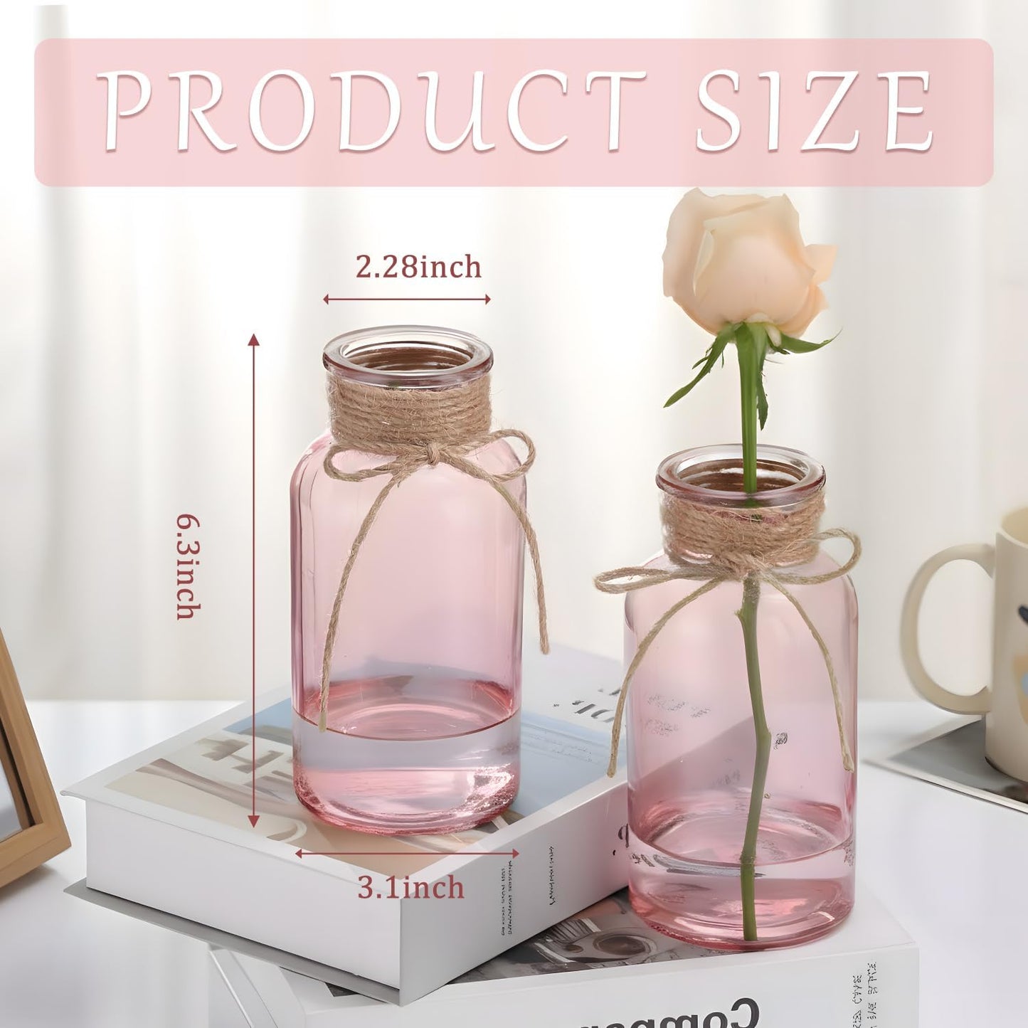 Pink Glass Flower Vases for Centerpieces Set of 6, Mason Jars Boho Cylinder Bud Vases in Bulk, for Weddings Parties Vintage Home Decor