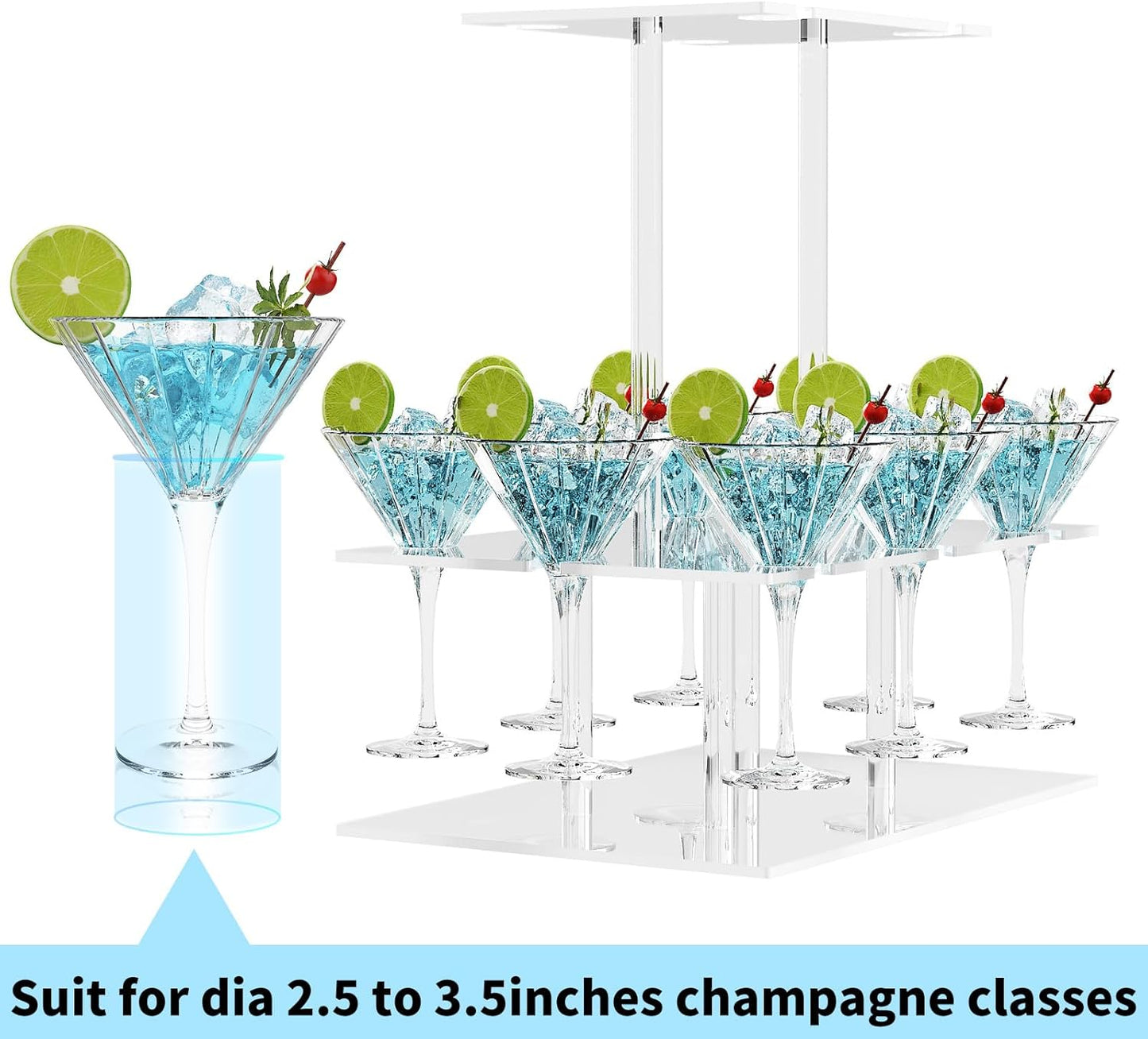 Champagne Tower, Rectangle Acrylic Champagne Display Rack Stand with 12 Slots, 2 Tiers Floating Sight Champagne Flute Holder for Party, Wedding, School, Celebration, 13.3x9.4x15.3 inch, 2 Pcs