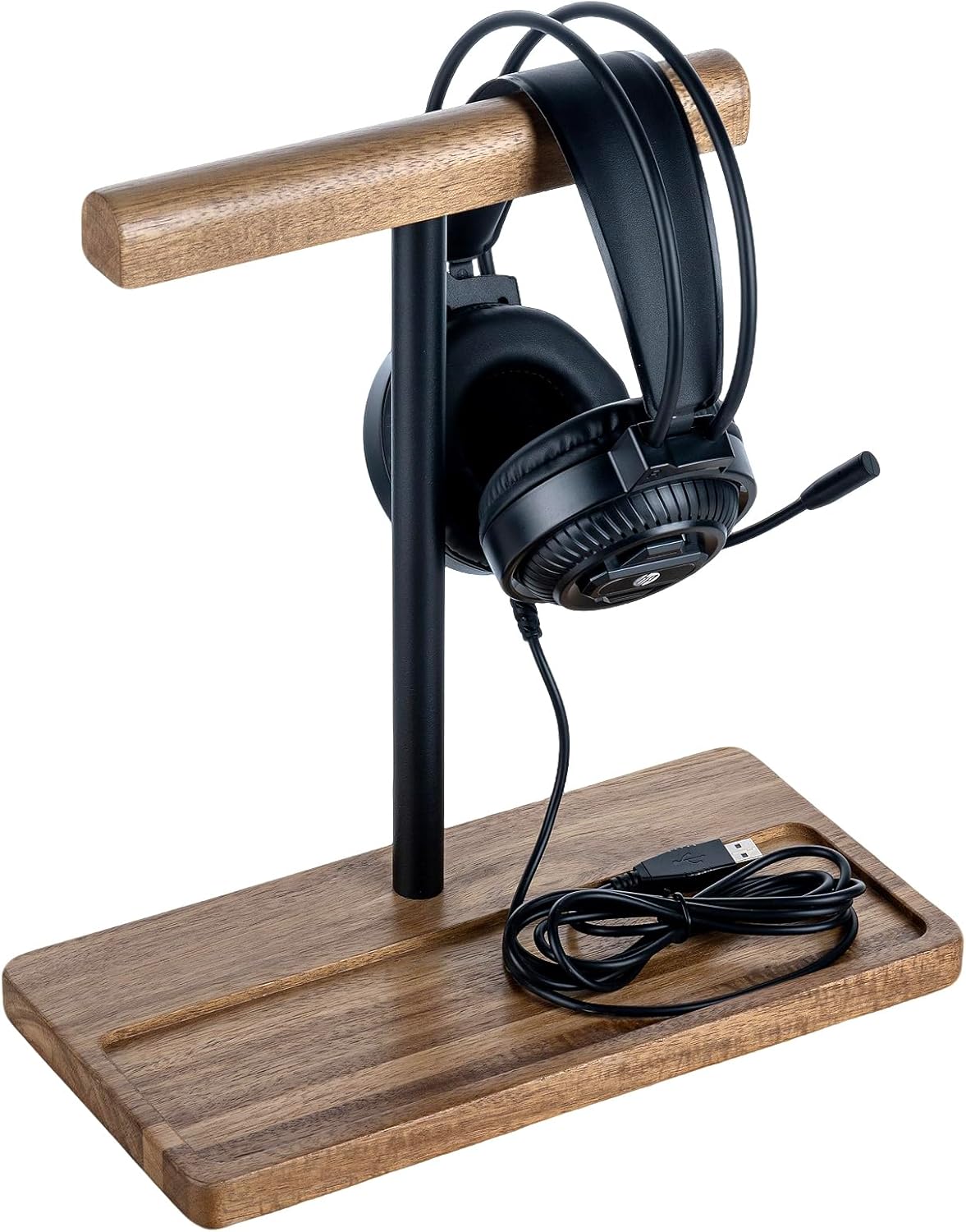FARM IN Solid Acacia Wood Headphone Stand for Desk Rustic Headset Holder with Storage Base for Gaming and Office Accessories