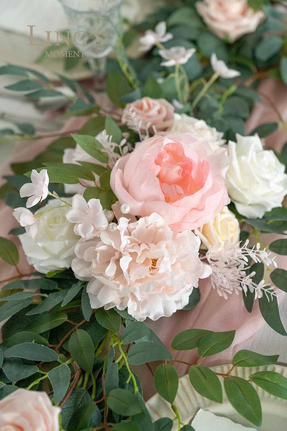 Ling's Moment Arch Flower Garland - 6FT Eucalyptus & Rose - Sweetheart Table Decor for Wedding Reception, Artificial Floral Garland for Mantle, Thanksgiving, Christmas Decoration, Blush Pink & Cream