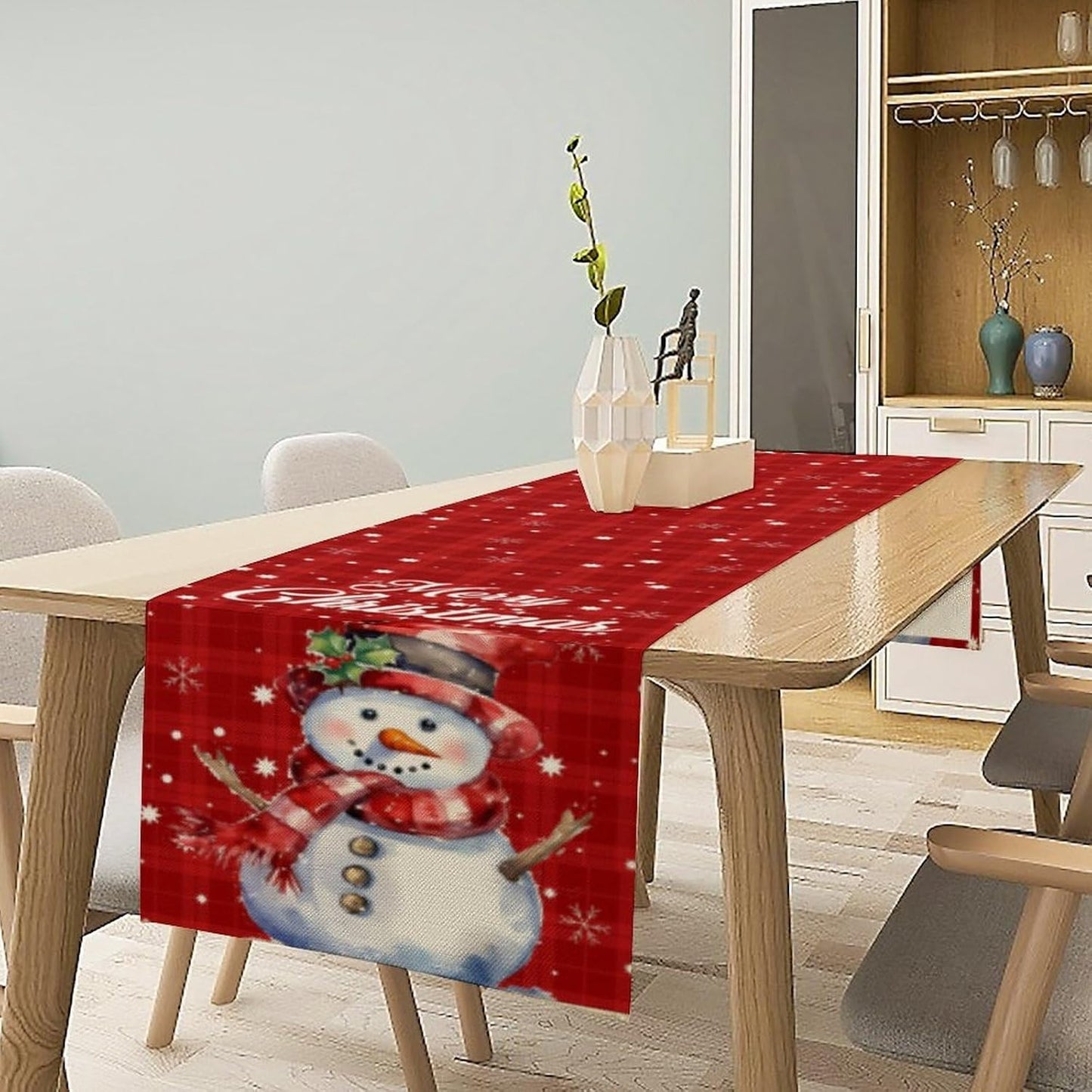 Christmas Table Runner,Christmas Snowman Snowflakes Winter Seasonal Table Cloth Kitchen Dining Table Decoration for Home Party Decor 13x120 Inch