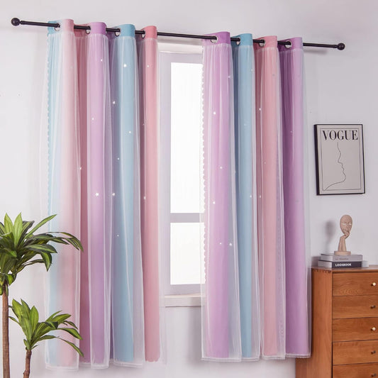 FANLI Ombre Rainbow Blackout Curtains for Kid Girls Bedroom Living Room Darking Stripe Double Layer Star Cut Out Wall Home Decor Gradient Grommet Window Curtains (Pink Purple, 52W x 72L)