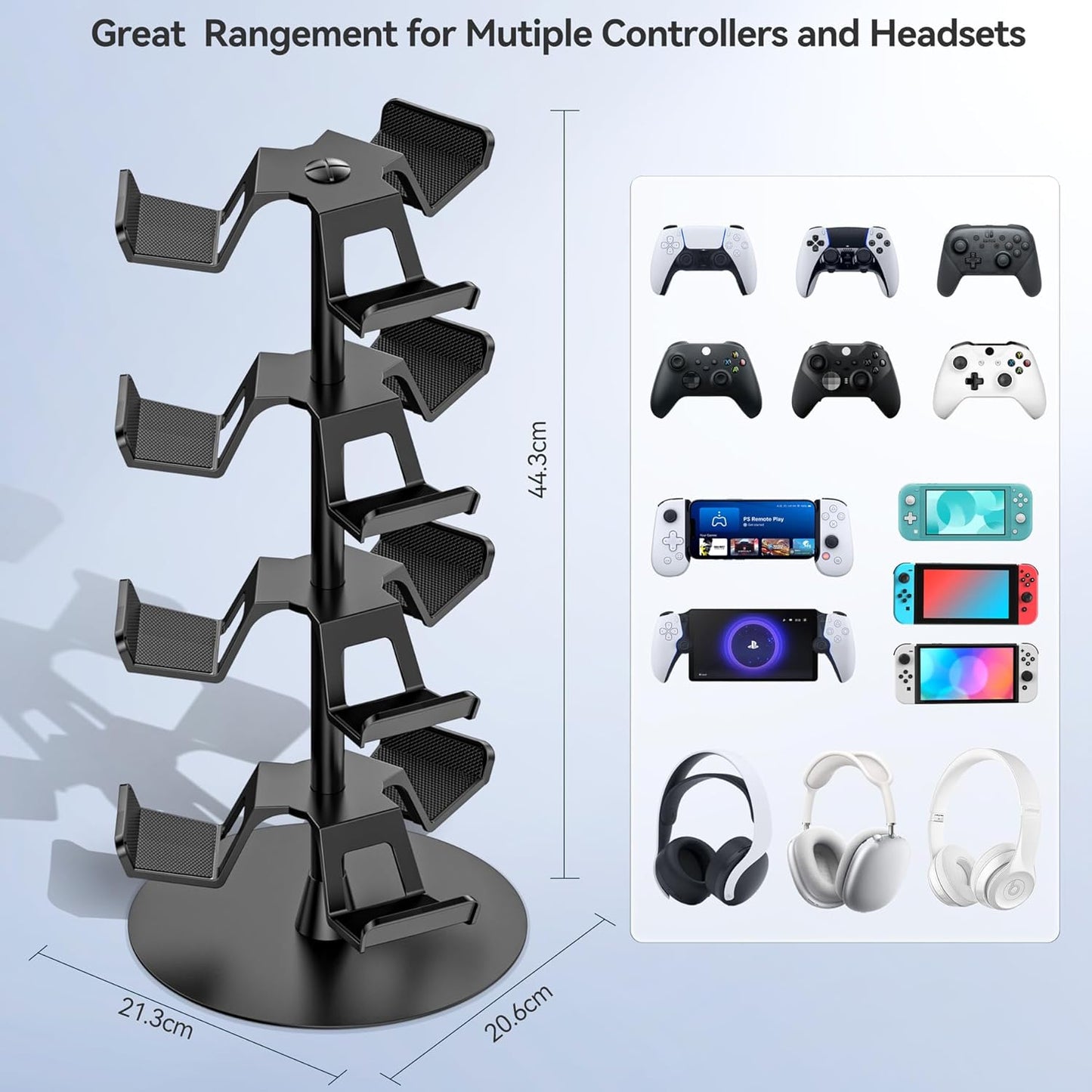 Headset Stand 4 Tiers for Desk, Rotatable Gaming Controller Stand for PS5/PS4/Xbox/Switch2/PS Portal/Phone, Universal PC Gamer Gift Accessory Controller/Headphone Holder for 12 Packs Controller