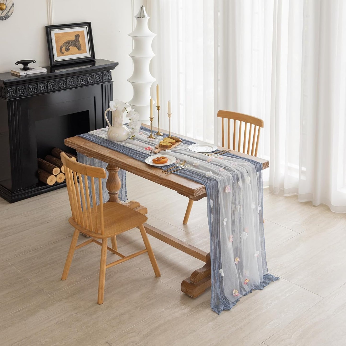 Romantic Artificial Floral Table Runner 10ft Gauze Tulle Lace Table Runner Set for Wedding Baby Shower Bridal Shower Holiday Kitchen Dining Table Decoration for Home Party Special Occasion