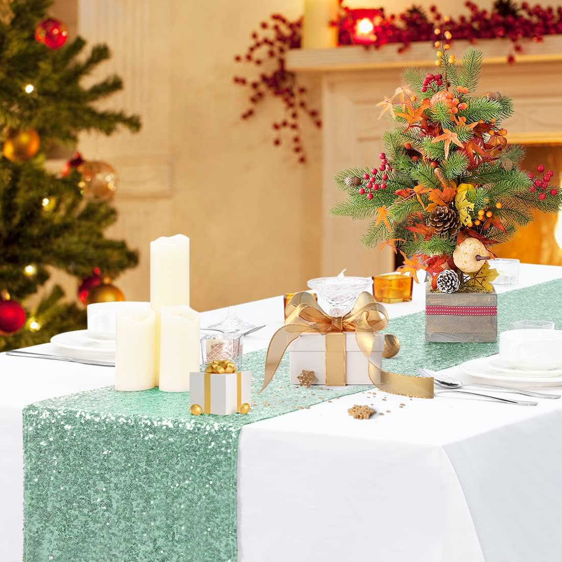 Eternal Beauty Mint Green Table Runner for Wedding, 2PCS-12x108 Sequin Table Runner Decorations for Birthday Parties, Banquets, Graduations,Christmas