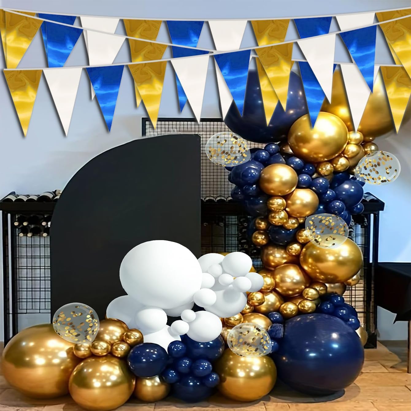 130FT Navy-Blue White Gold Triangle Pennant Banner Flag Metallic Fabric Bunting Garland for Christmas Graduation Retirement Birthday Wedding Bridal Shower Nautical Ahoy Achor Party Decorations Supply