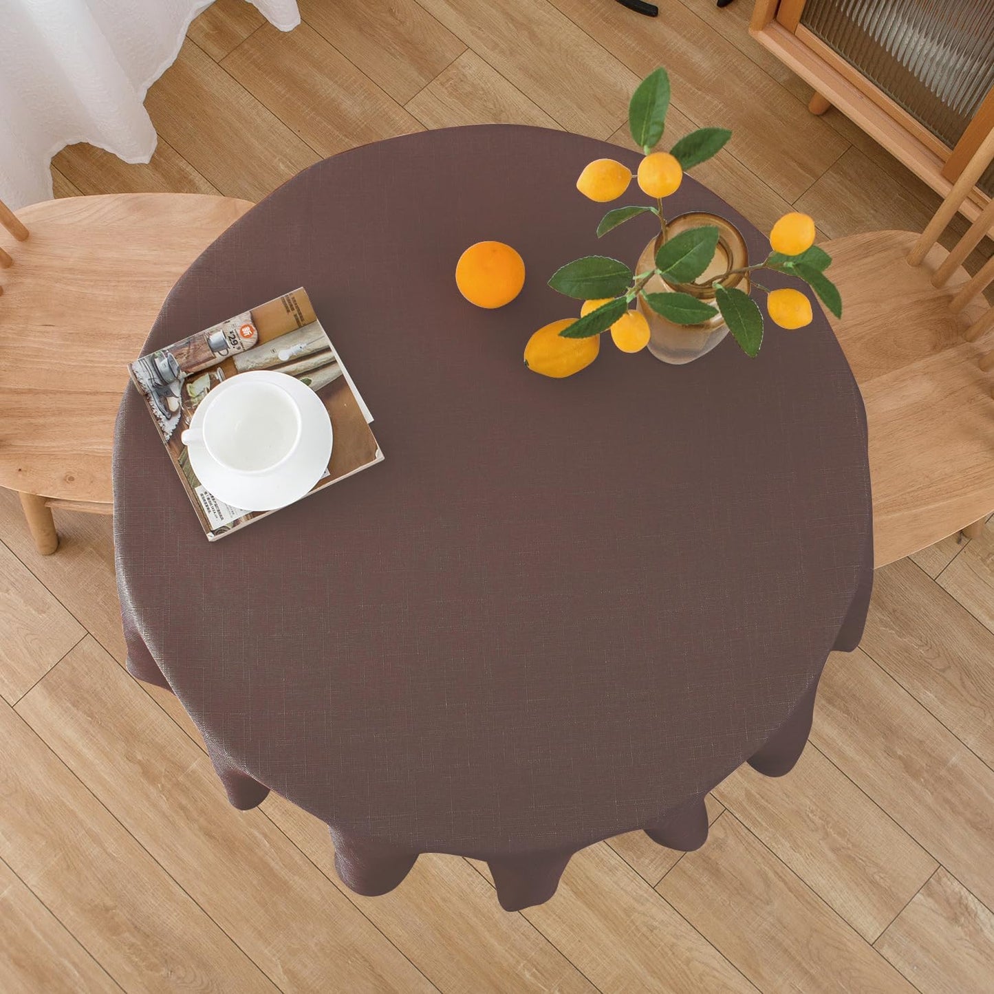 NLMUVW Brown Linen Tablecloth Round Tables Water Resistant Textured Table Cloth Farmhouse Table Cover for Kitchen Dining Coffee, 48 Inch