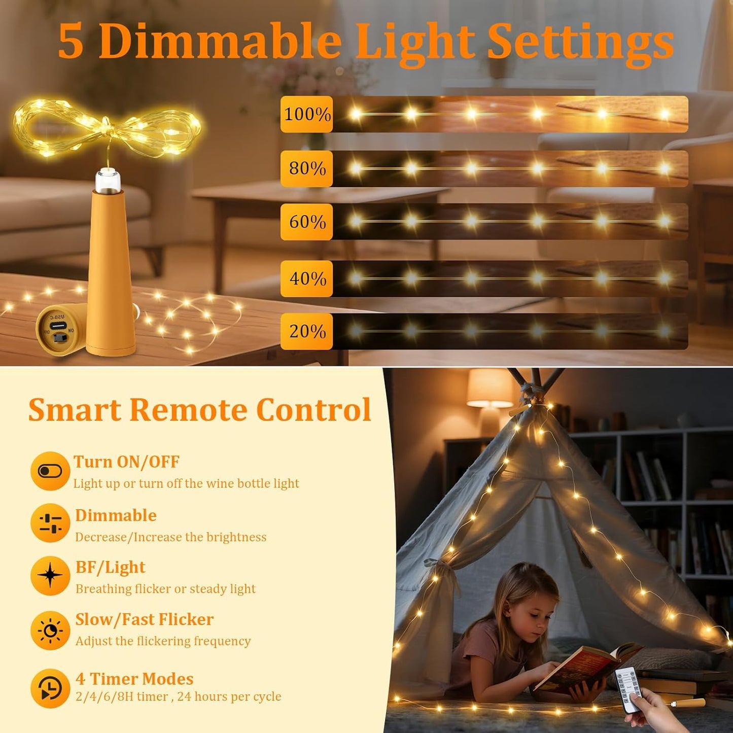 PChero USB Rechargeable Wine Bottle Lights with Cork & Remote Timer, 6 Pack 20 LED 6.6 ft Fairy String Lights for DIY Party Wedding Christmas Halloween Festival Bar Decoration