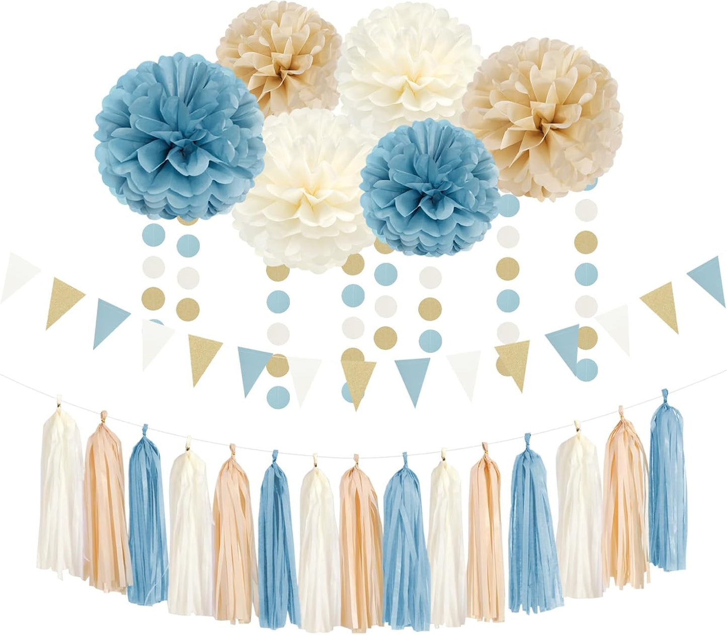 Light-Dusty Blue Beige-Champagne Boho Party Decorations - 23pcs Baby Bridal Shower Tissue Pom Poms Streamers,Women Girls Birthday Tassel Garland Banner,Bachelorette Wedding Decor Backdrop Ouruola