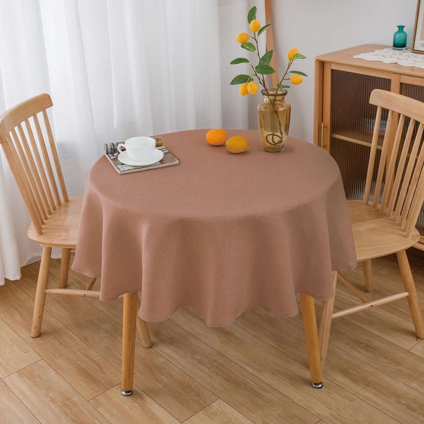 NLMUVW 48 Inch Round Linen Tablecloth, Mocha Table Cloth Farmhouse Water Resistant Rustic Table Cover for Kitchen Dining Coffee Cafe