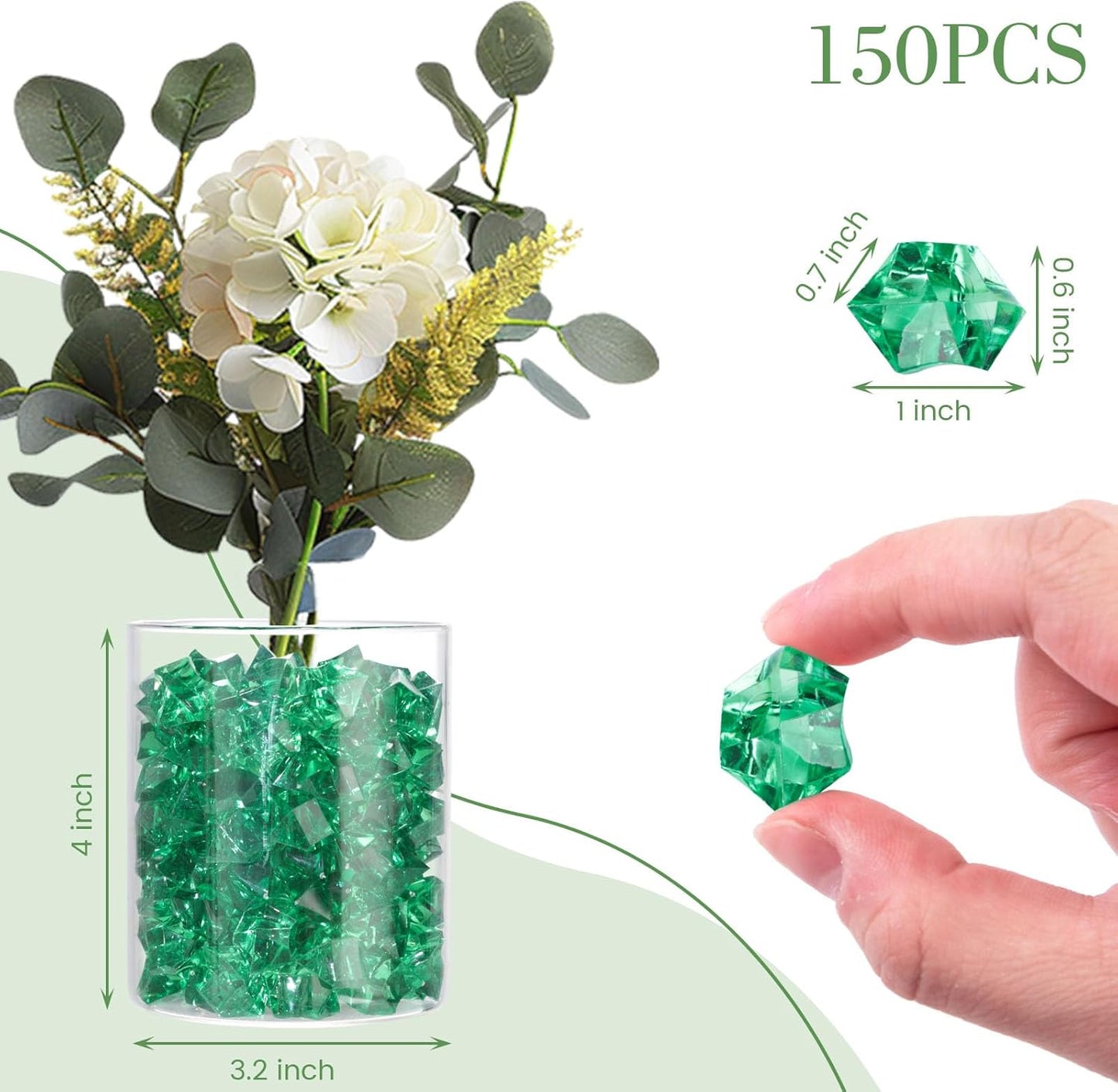 DomeStar 150PCS Fake Ice, Vase Fillers Green Acrylic Fake Diamonds Plastic Gems for Fish Tank Table Scatter Decoration