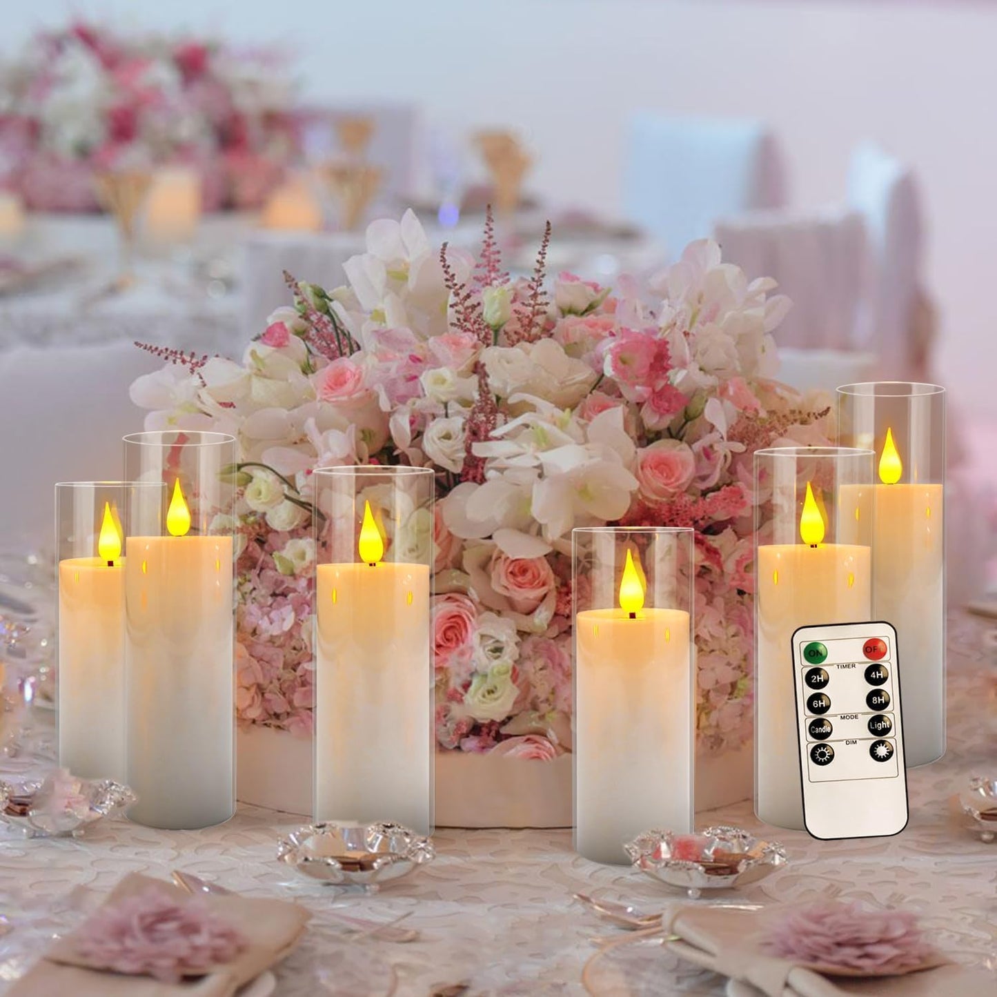 Set of 24 Flickering Flameless Candles Battery Operated with Remote and 2/4/6/8 H Timer Plexiglass Led Pillar Candles with Realistic Moving Wick Candles for Home Decor (D2.2"xH 5"6"7")(White)