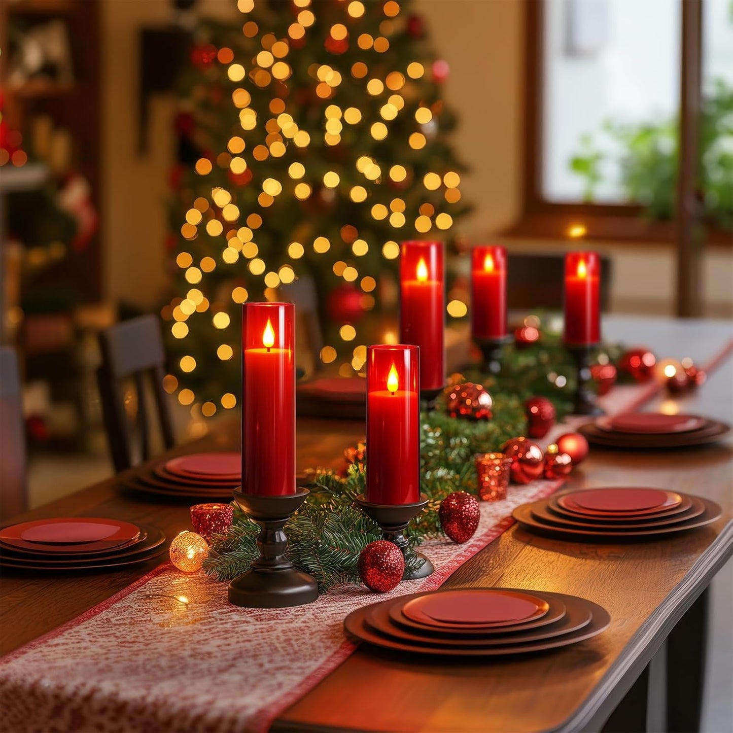 Amagic Red Flameless Candles with Remote, Battery Operated Candles with Timer, Acrylic Flickering LED Candles for Christmas Decor, 3D Wick, Warm Yellow Glow, D2.2 xH5 5" 6" 7" 8", Set of 5