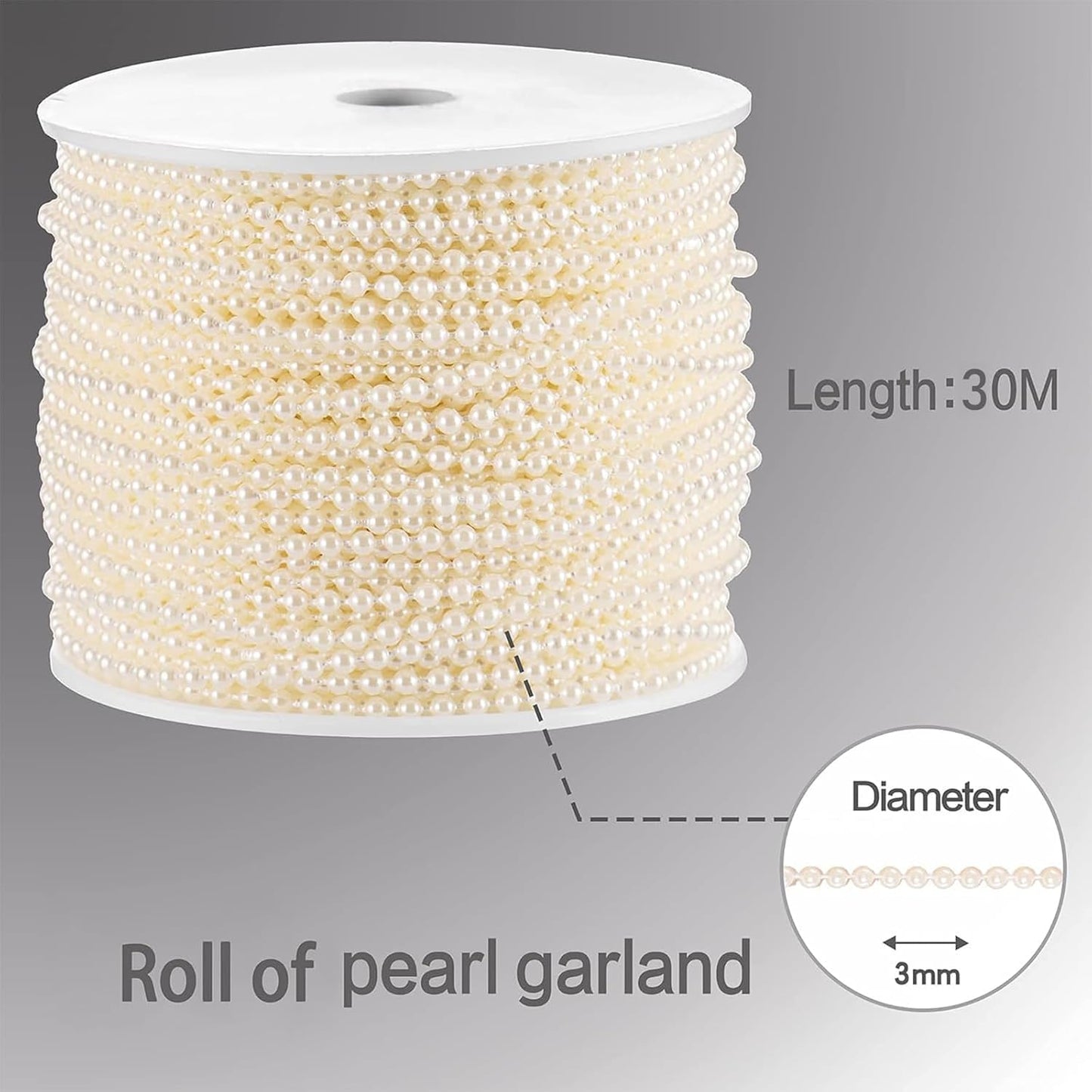 Craft String Pearls 3MM Pearl Bead, 99 Feet Ivory Faux Pearl Garland Spool Roll Strand Wedding Party Decoration