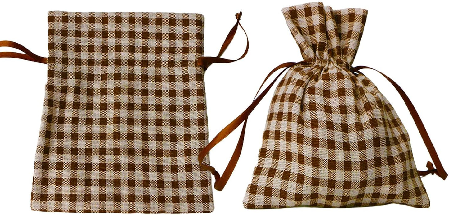 Meseey 5 Pcs Large Fall Burlap Bags with Drawstrings Buffalo Plaid Gift Bags Gingham Sacks Bags Reusable Pouch Bag for Thankgiving Birthday Party (fall plaid set 8Inch)