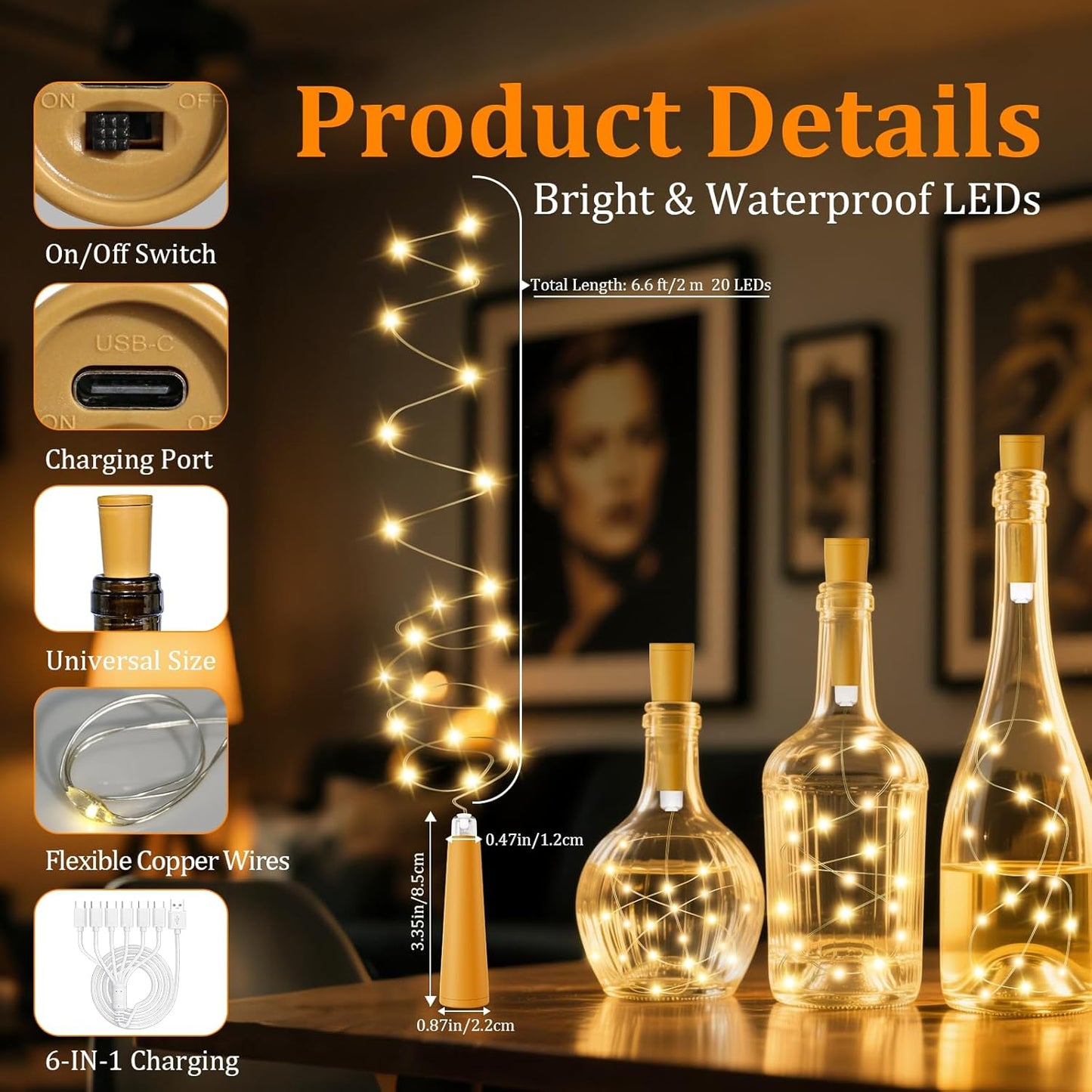 PChero USB Rechargeable Wine Bottle Lights with Cork & Remote Timer, 6 Pack 20 LED 6.6 ft Fairy String Lights for DIY Party Wedding Christmas Halloween Festival Bar Decoration