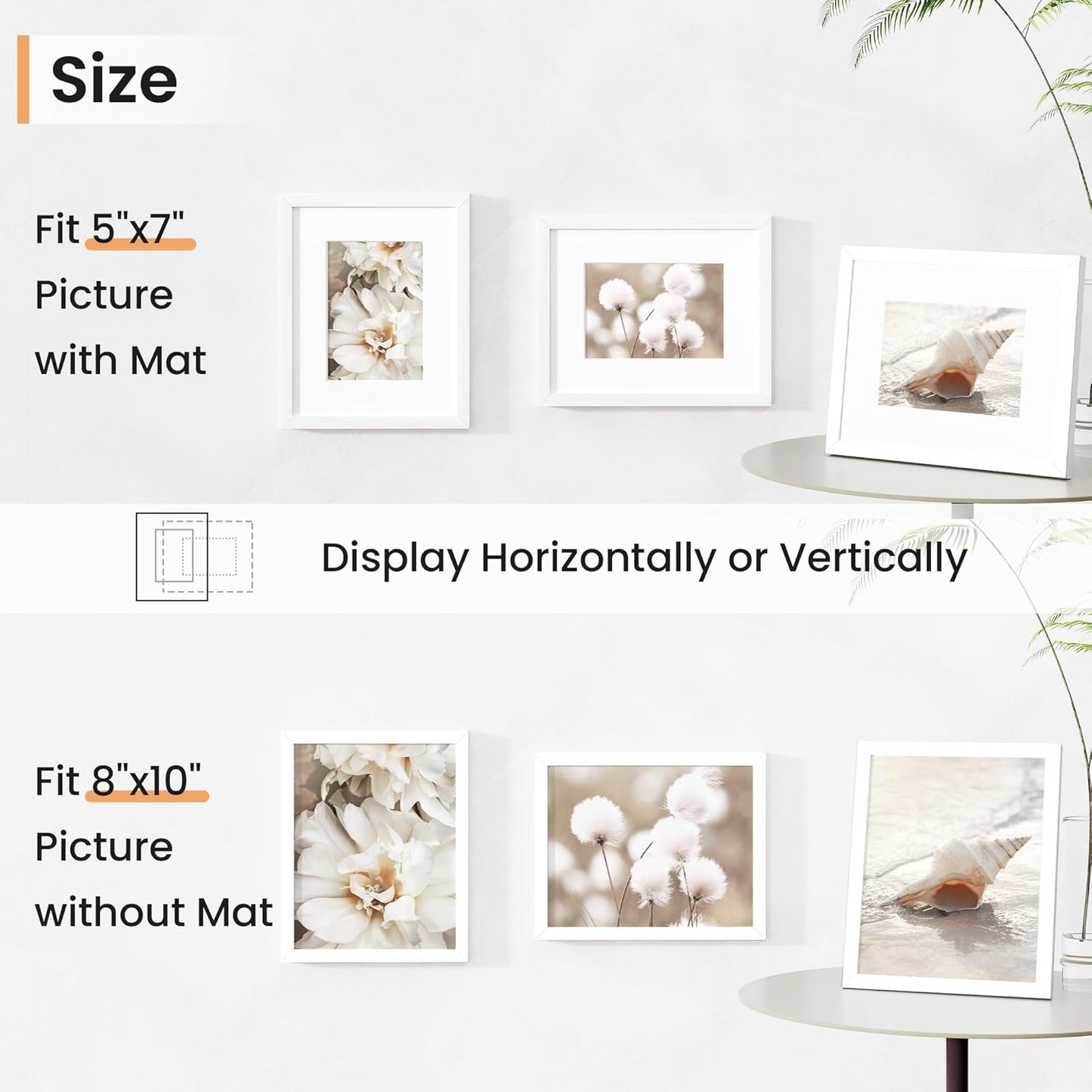 8x10 inch Picture Frame, 8x10 Photo Frames with 5x7 Removable Mat - High Definition Plexiglass - Vertical and Horizontal Display - Wall Hanging Frame - White, 5 Pack