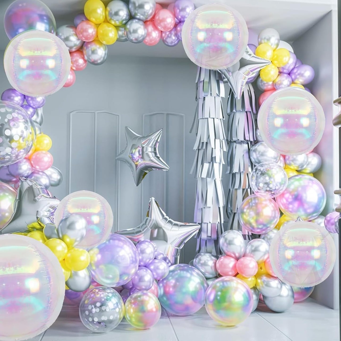 Giant 4D Foil Balloons, 6Pcs Large Metallic Iridescent Round Balloons, 22 Inch Big Round Foil Balloon for Mermaid Birthday Party Baby Shower Wedding Decorations