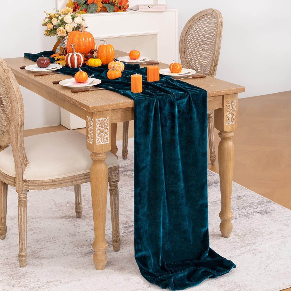 Peacock Green Velvet Table Runner Fall Thanksgiving Turquoise Table Runner 20 x 120 Inch Luxurious Elegant Velvet Fabric Table Decorations for Christmas Dinner Wedding Bridal Baby Shower