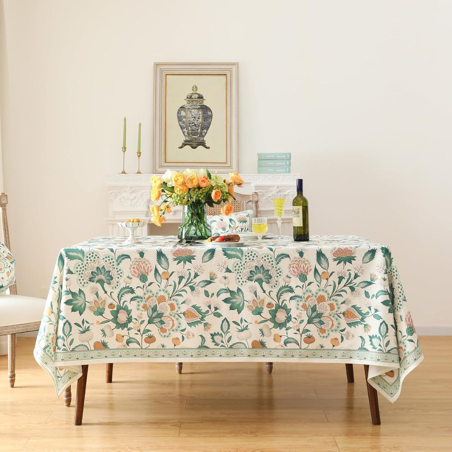 patdrea Designer Green Rectangle Table Cloth,Vintage Italian Floral Country Linen Breathable Tablecloth,Decor Cover for Kitchen Dining,Christmas,Tea Party,Thanksgiving,63"x87"-Tree Life