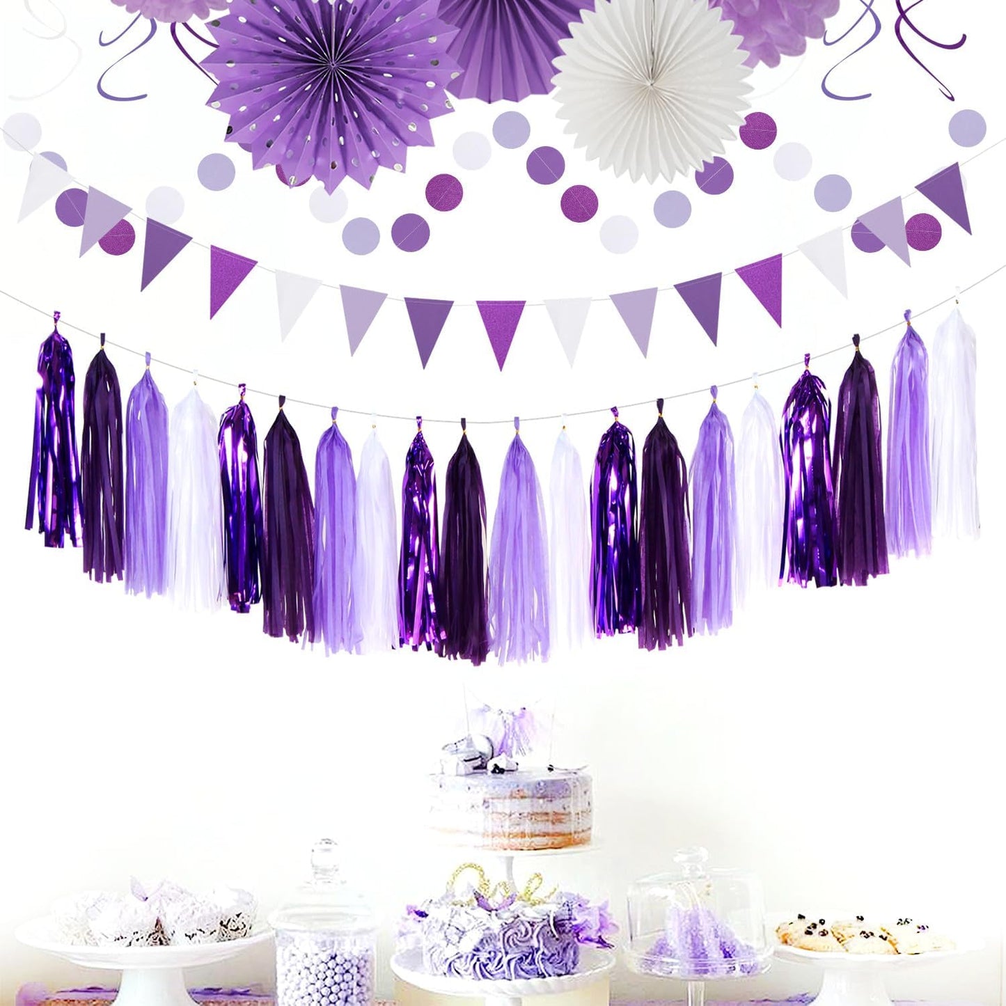 Purple-White Lavender Women-Girl Birthday Party-Decorations - 33pcs Paper Lanterns Fans,Streamers Tassel Garland Banner,Tissue Pom Poms,Baby Bridal Shower Wedding Bachelorette Graduation Decor Hugtmr