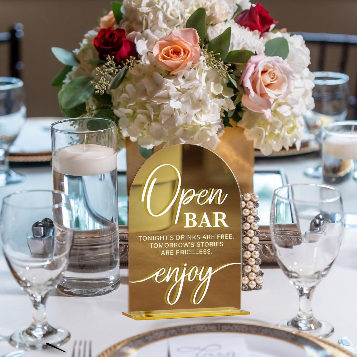 Acrylic Wedding Sign, Bridal Shower Decorations, Open Bar Sign for Ceremony, Modern Font Table Signs, Gold Mirror Arched Acrylic Tabletop Signs for Wedding Reception and Event Party