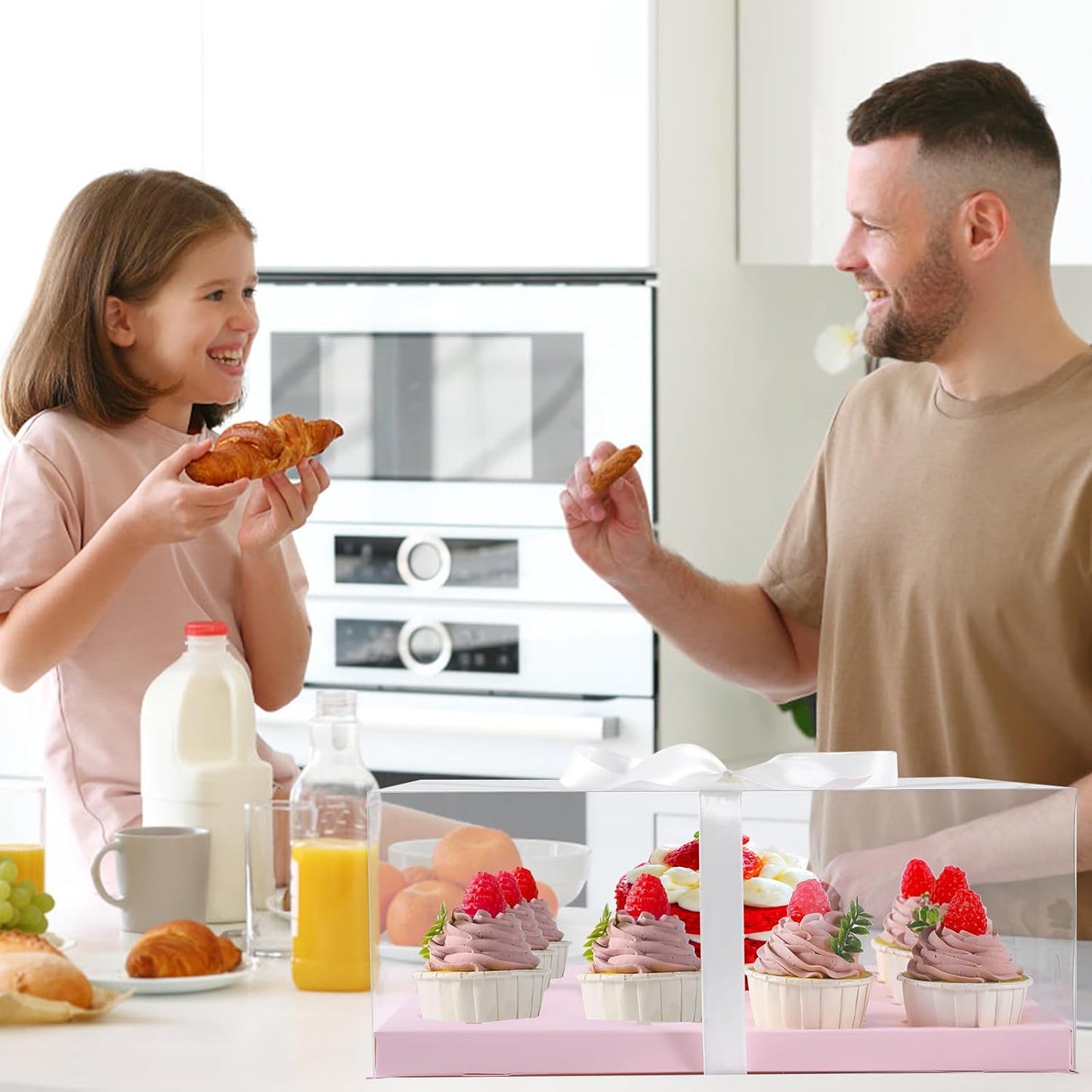 JCD 3 Pcs Pink Cake and Cupcake Combo Bento Boxes with Clear Lid Fit 8 Cupcake and 1 Mini Cake for Valentine Wedding Birthday Party Bakery Supplies(Pink 1+8/3Pcs)