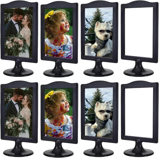 NahNah Double Sided Standing Picture Frames - (Black, 8 Count) 4x6 Inch, Plastic Pedestal Photo Frame with Inserts and Base - 2 Sided Tabletop Vertical Display Frame for Wedding Table Bridal