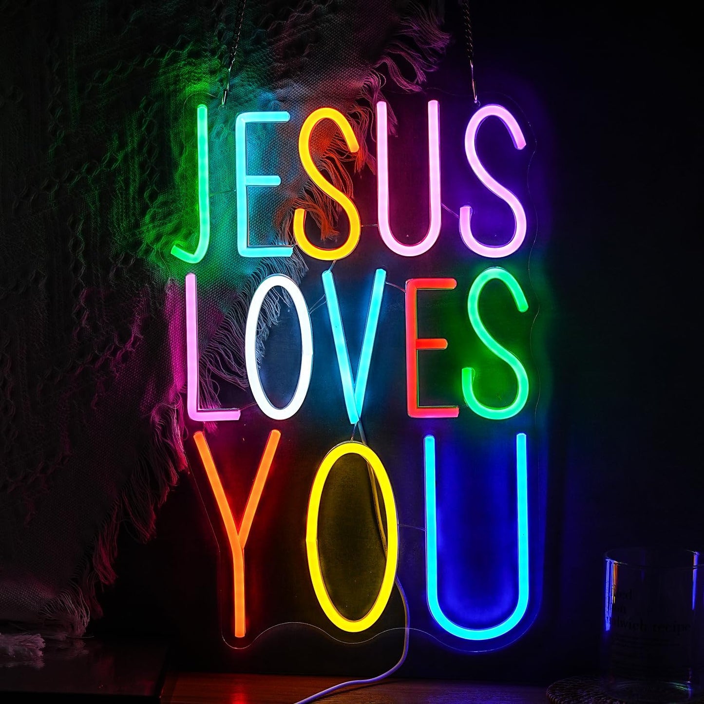 Jesus Loves You Neon sign Colorful Led Letters Sign Neon Light for Wall Decor Dimmable Jesus Light Up Sign for Home Christ Church Wedding Birthday Party Decor(USB Power)