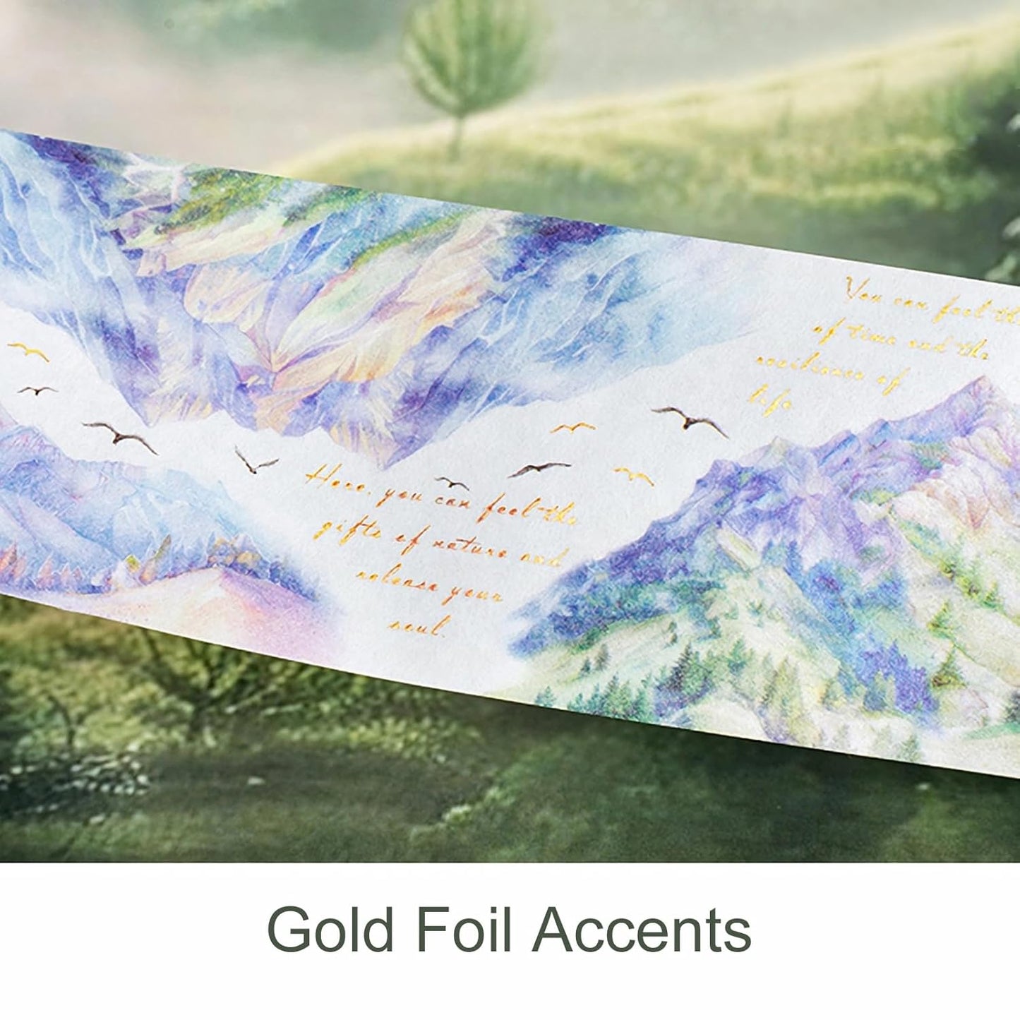 Mountain Forest Washi Tape Set, 6 Rolls with Poetic Text and Gold Foil Accents, Includes Clip for Scrapbooking, Journaling, and Planner Supplies