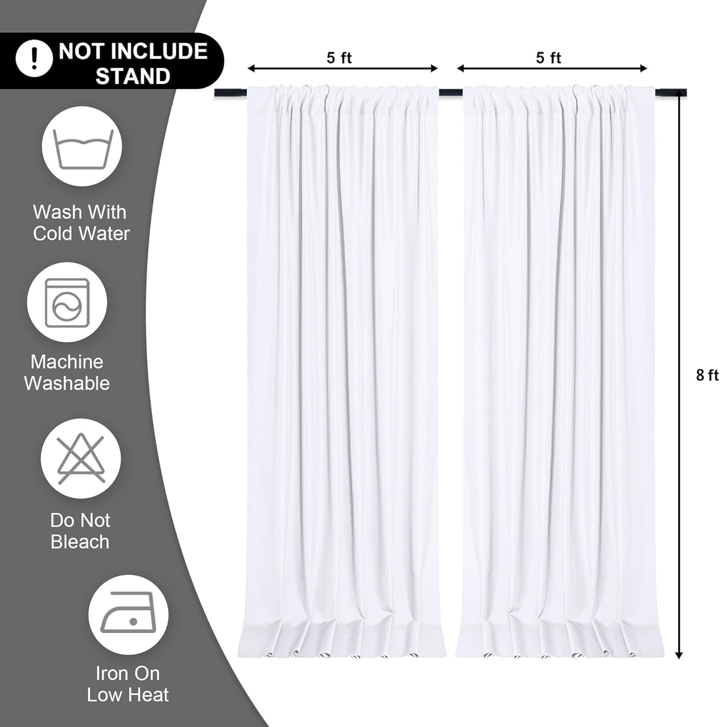 DWCN 10x8 FT White Backdrop Curtains for Parties, Photography Backdrop Drapes with Rod Pockets for Wedding Decorations Stage Birthday Family Gatherings, 2 Panels 5ft x 8ft