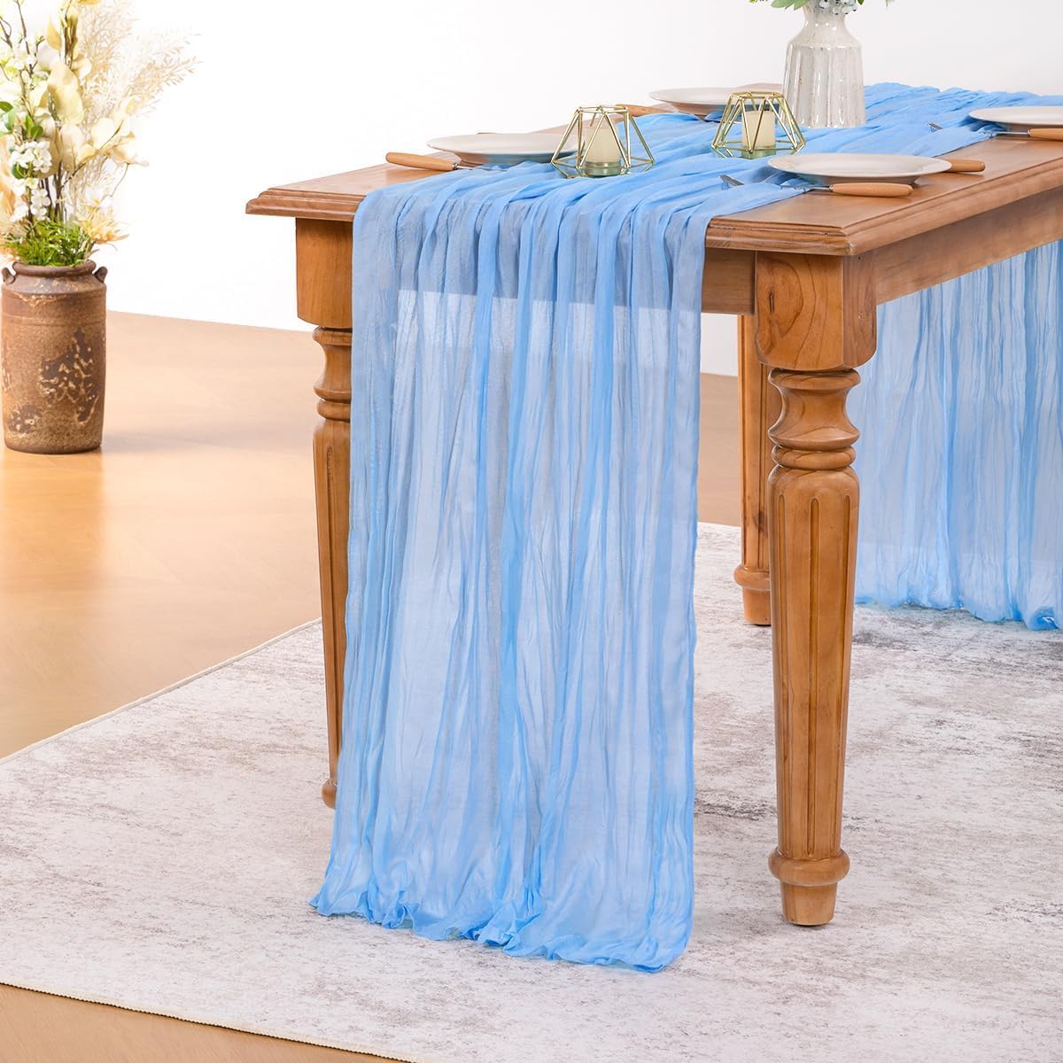 MLMW 6 Pack Light Blue Cheesecloth Table Runner Boho Gauze Rustic Cheese Cloth 160 inch Sheer Baby Blue Coastal Table Runner 13.3ft for Wedding Party Baby Bridal Shower Birthday