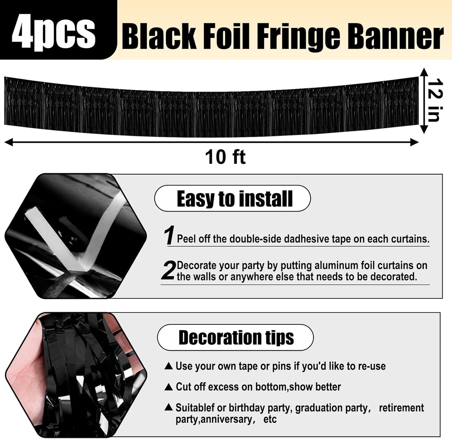 4 Pack 10 Feet Black Foil Fringe Garland Metallic Tinsel Streamers Banner Wall Hanging Curtain Backdrop for Parade Floats, Wedding, Graduate, Mother's Day, Birthday Party Decoration