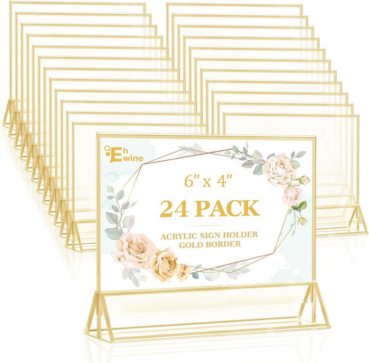 EHWINE 24 Pack Acrylic Sign Holder 4 x 6 Horizontal, Double-Sided Stand up Table Top Sign Holders, Gold Acrylic Picture Frame Menu Flyer Paper Holder Display Stand for Office Business Store Wedding Party
