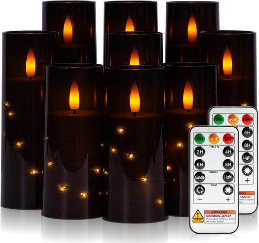 Raycare Flameless Candle with Remote Timer – 9 Flickering Acrylic Battery Operated LED Pillar Candles with Embedded Star String for Halloween, Home Decor, and as a Gift (Black)