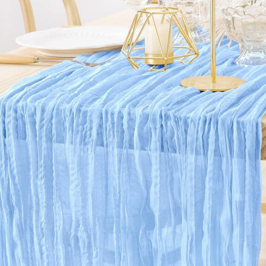 MLMW Light Blue Cheesecloth Table Runner Boho Gauze Rustic Cheese Cloth 160 inch Sheer Baby Blue Coastal Table Runner 13.3ft for Wedding Party Baby Bridal Shower Birthday