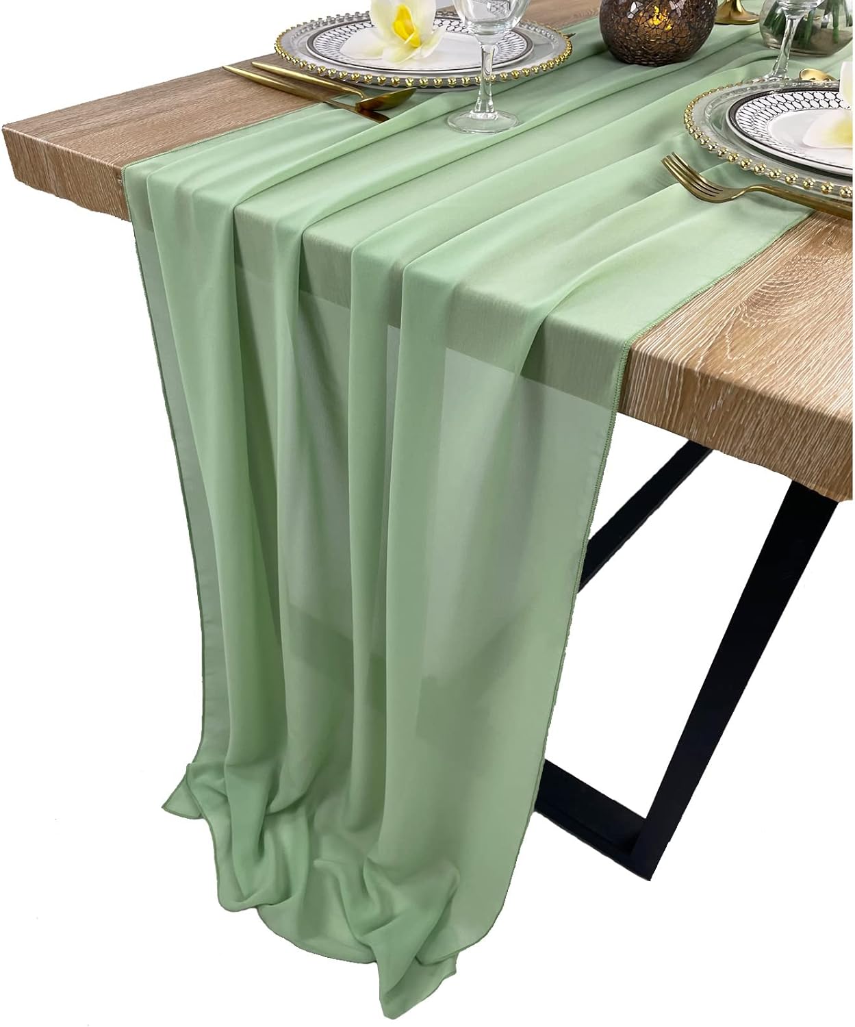 EHLDekol 13ft Sage Green Chiffon Table Runner, 29x156 Inches Romantic and Rustic Boho Wedding Runner, Sheer Bridal Party Decorations