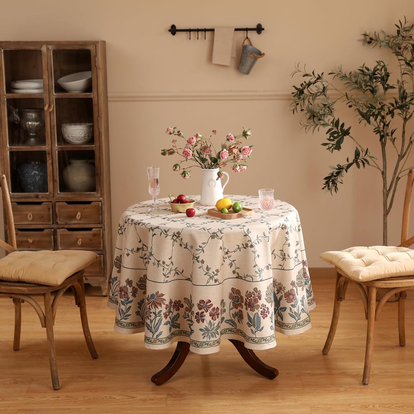 patdrea Designer Vintage Linen Round Table Cloth,Durable Breathable Floral Tablecloth,Dacorative Table Covers for Kitchen Dining Tea Party,Holiday,Christmas,Thanksgiving,Diameter 55"-Oliveirad