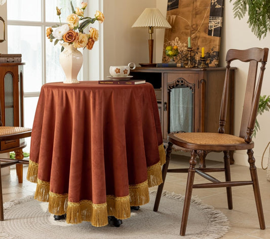F-CHU Luxury Burnt Orange Tablecloth Thickset Velvet Tablecloth with Beautiful Gold Vintage Tassels Table Cloth for Home Decor Wedding, Party, Banquet and Events 48" Round