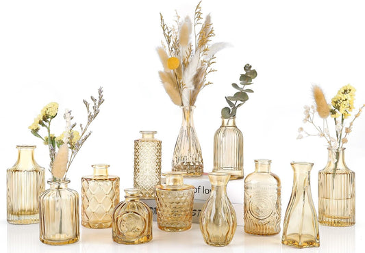 Amber Glass Bud Vases Set of 12, Gold Mini Flower Vase for Centerpieces, Small Vases in Bulk for Wedding Decorations, Vintage Vase for Table, Recepetion, Home Décor
