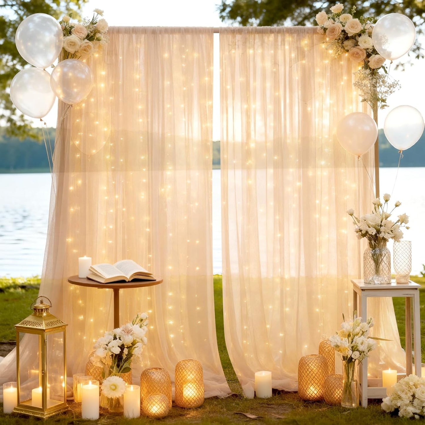 10×10ft Tulle Backdrop Curtains with Lights String - 300LED Fairy Lights Sheer Curtain Backdrop for Weddings Baby Shower and Birthday Party Decorations(6 Panels 5×10ft)