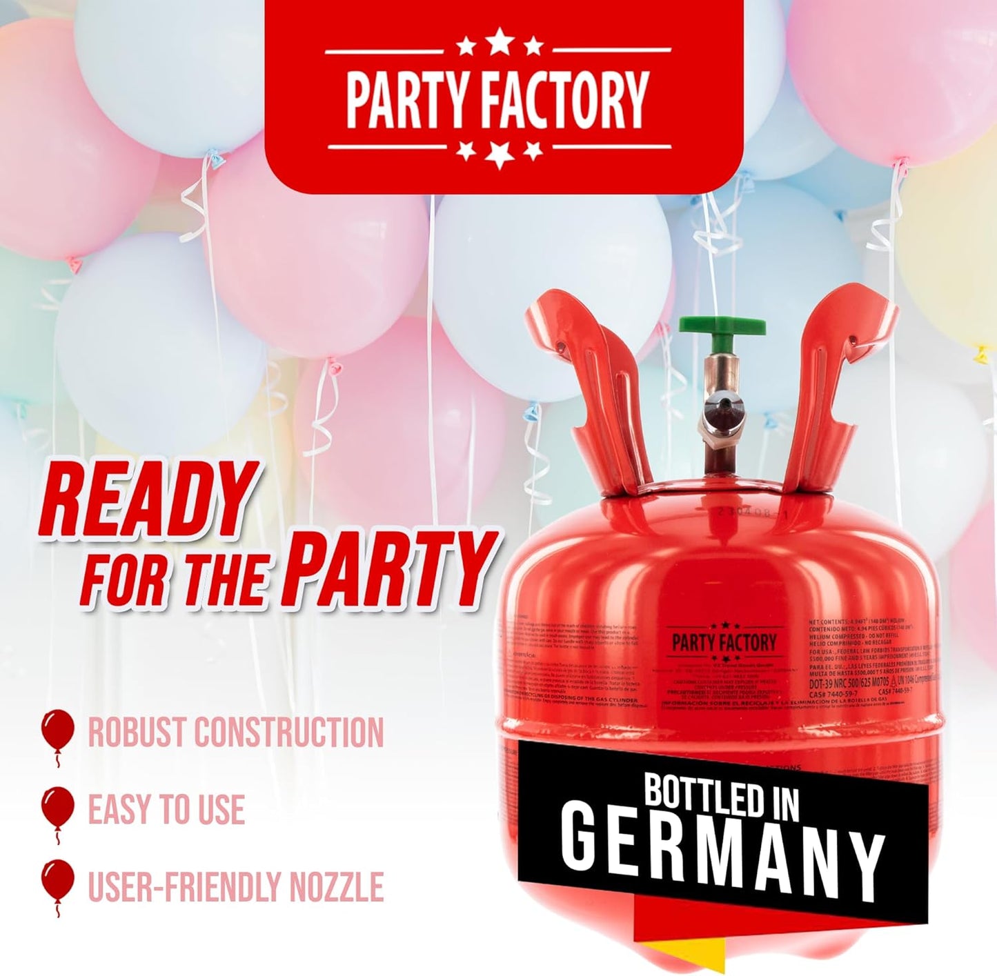 Party Factory helium tank for 20 balloons, helium cylinder 5 cu. ft. gas, ideal for birthday party, wedding
