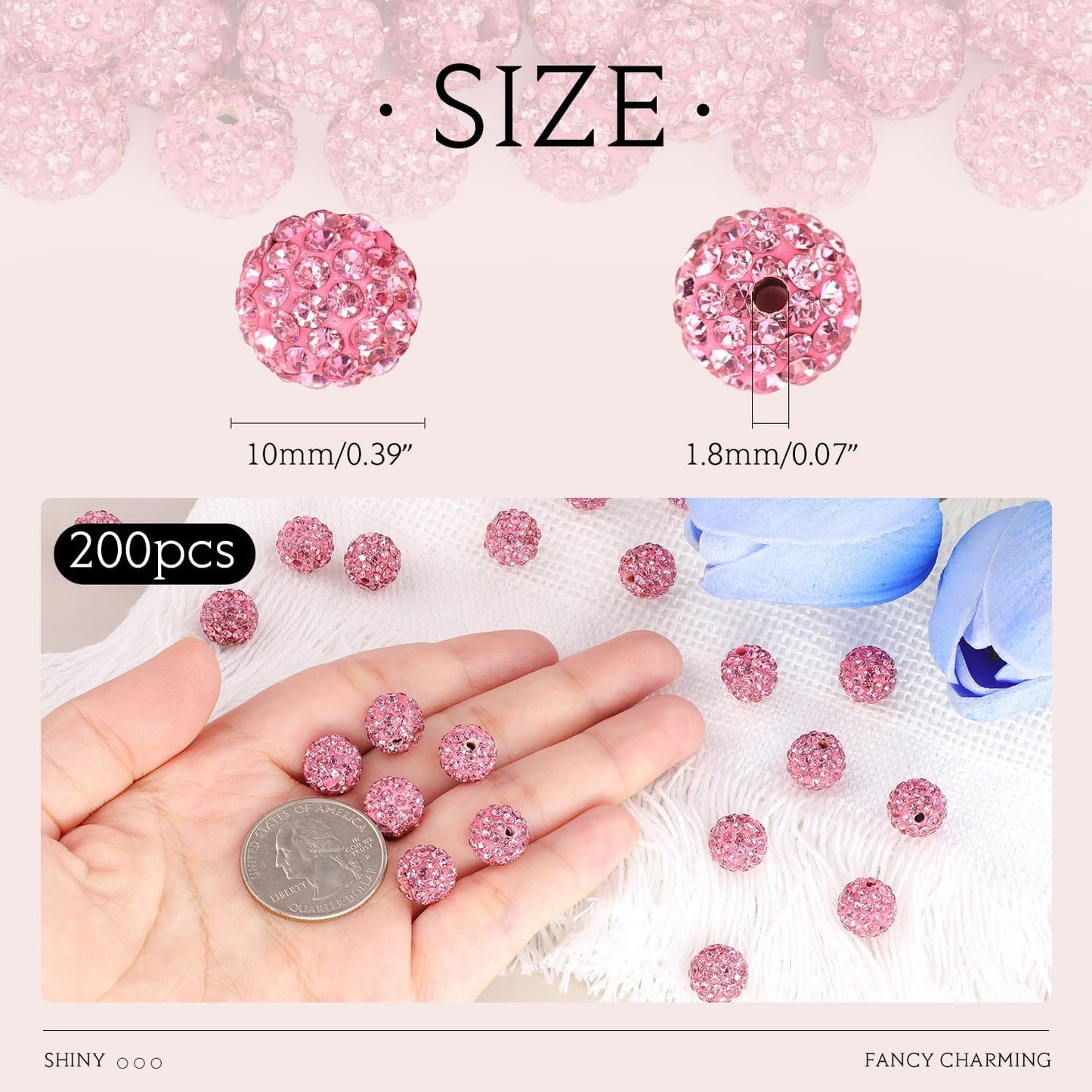 200pcs 10mm Dark Pink Rhinestone Beads for Jewelry Making, Shiny Round Shamballa Disco Ball Beads Bulk, Sparkle Crystal Clay Christmas for Bracelet Baseball Necklace Earring Crafting and DIY